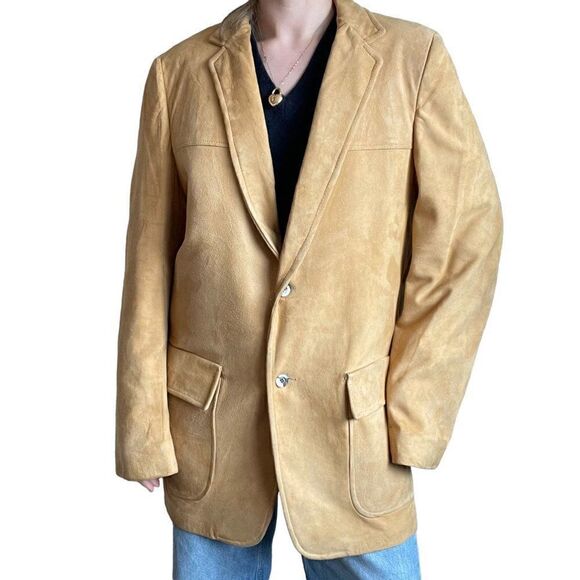 Vintage Mens 1960s Tan Brown Micro Suede Leather Blazer Western Sport Coat Sz L - Picture 1 of 10